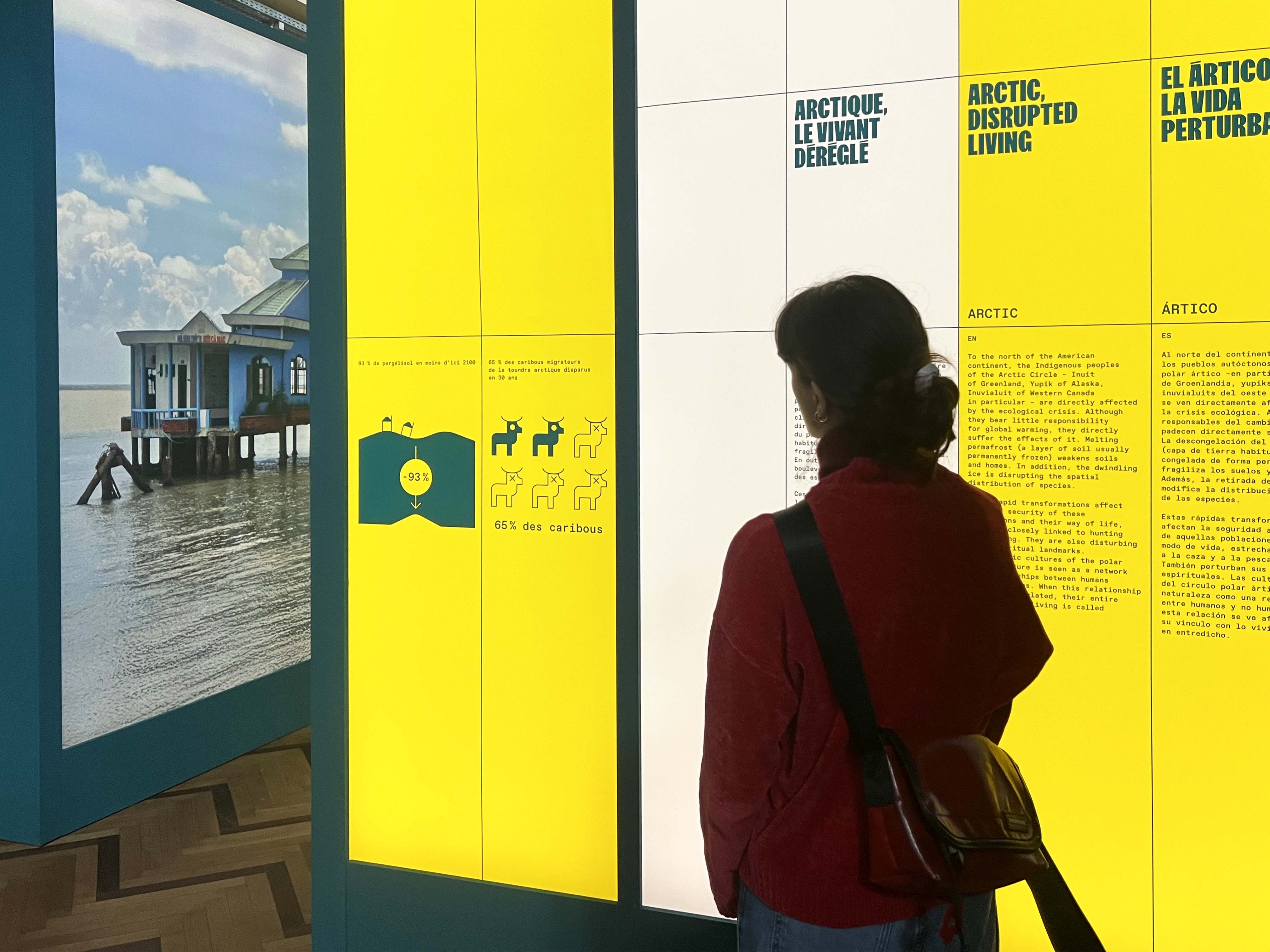 Exposition Migrations et climat, datavisualisation sur les panneaux de salle