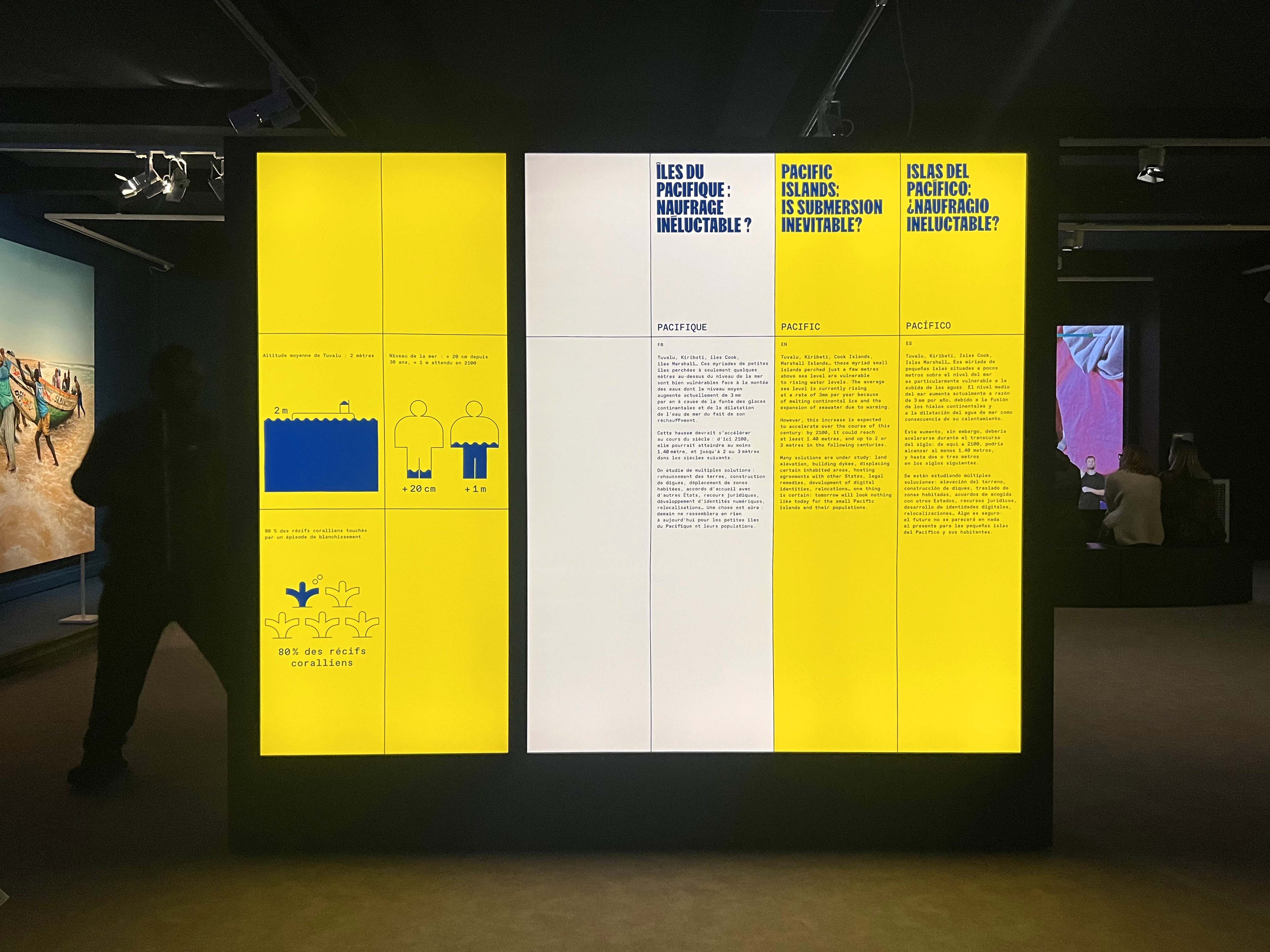 Exposition Migrations et climat, datavisualisation sur les panneaux de salle